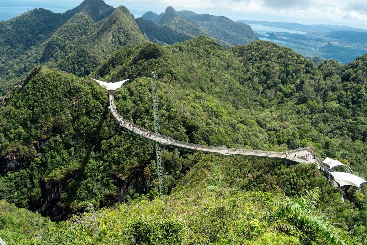 Aerial view of Langkawi Sky Bridge surrounded by lush mountains