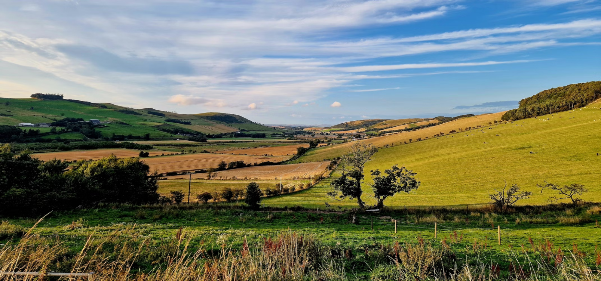 Rolling green hills and open countryside along the Pennine Way under a partly cloudy sky