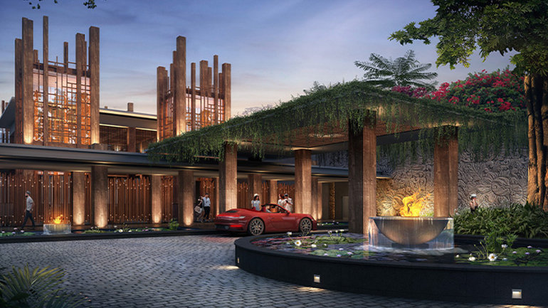 Exterior rendering of Kimpton Bali Ubud hotel entrance at dusk
