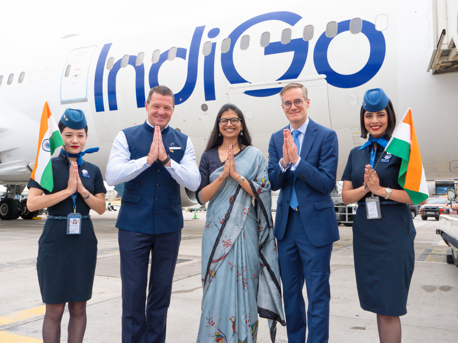 IndiGo airline crew and officials welcome new flight with traditional greeting
