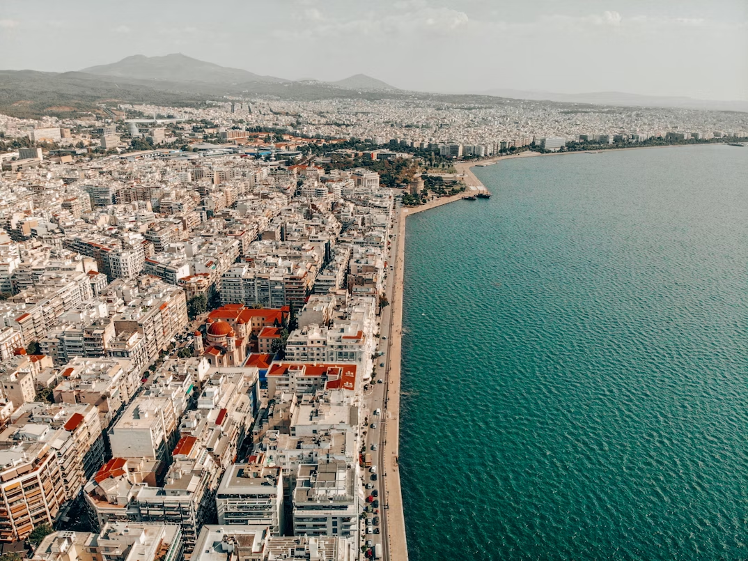 Aerial view of Thessaloniki's coastal cityscape and seafront promenade