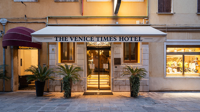 Front entrance of The Venice Times Hotel in Venice's historic centre
