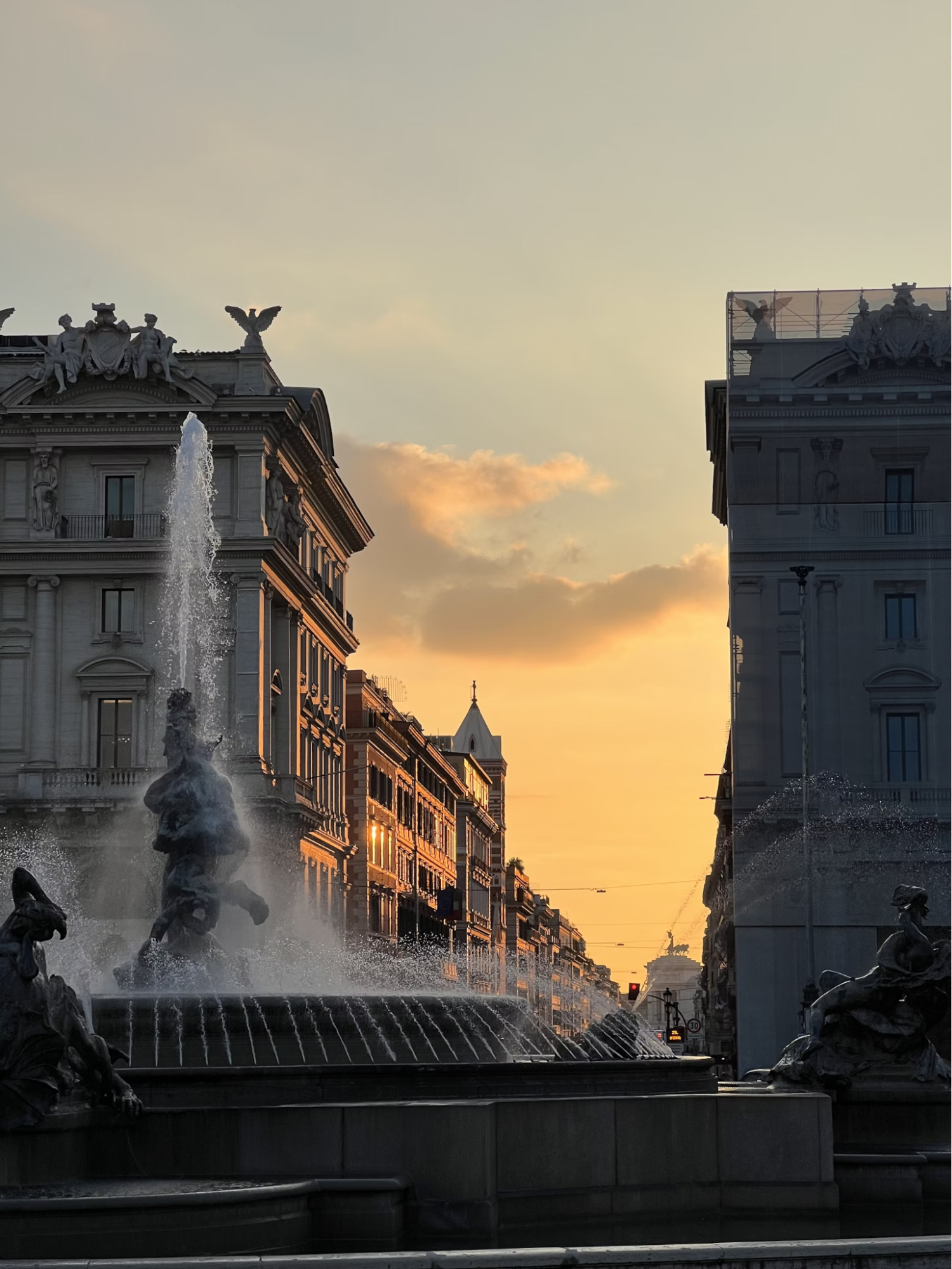 Sunset view of Piazza della Repubblica in Florence with fountain and historic buildings
