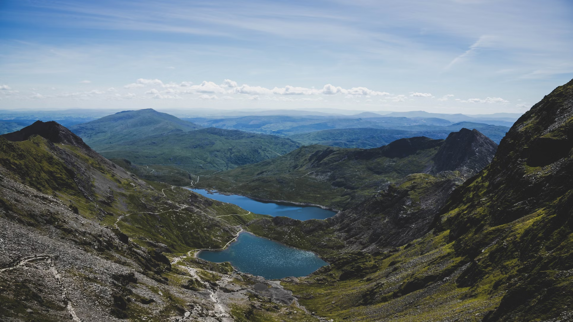 Mountain trails and lakes in Snowdonia National Park, Wales