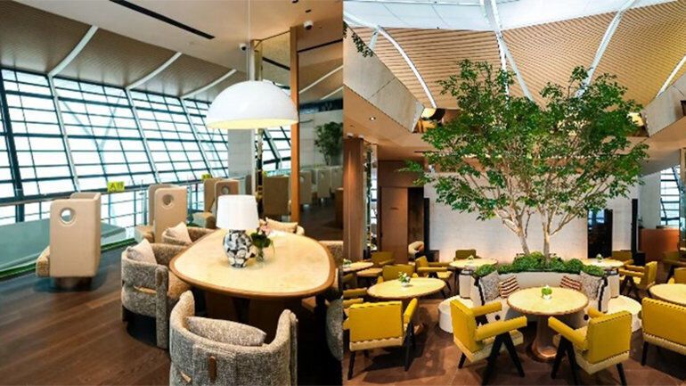 Modern co-branded airport lounge by IHG and Hainan Airlines, featuring stylish seating and natural decor elements