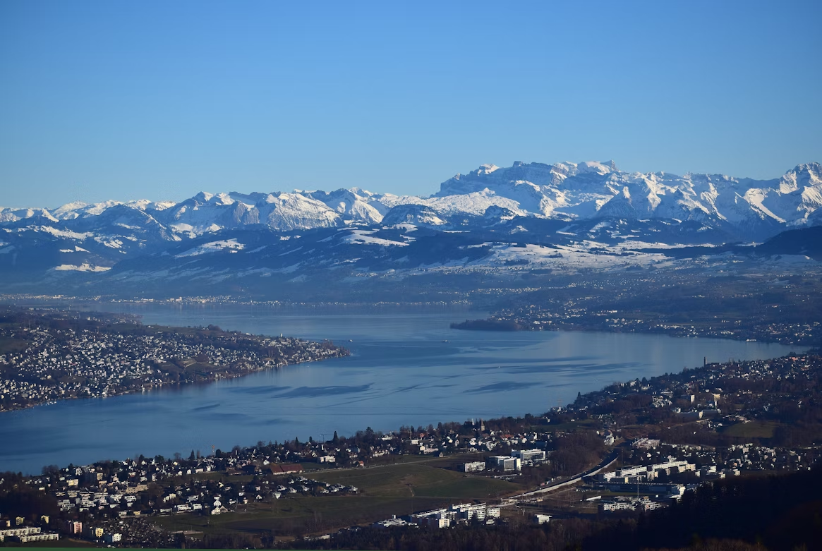 View of Lake Zurich with snow-covered Alps