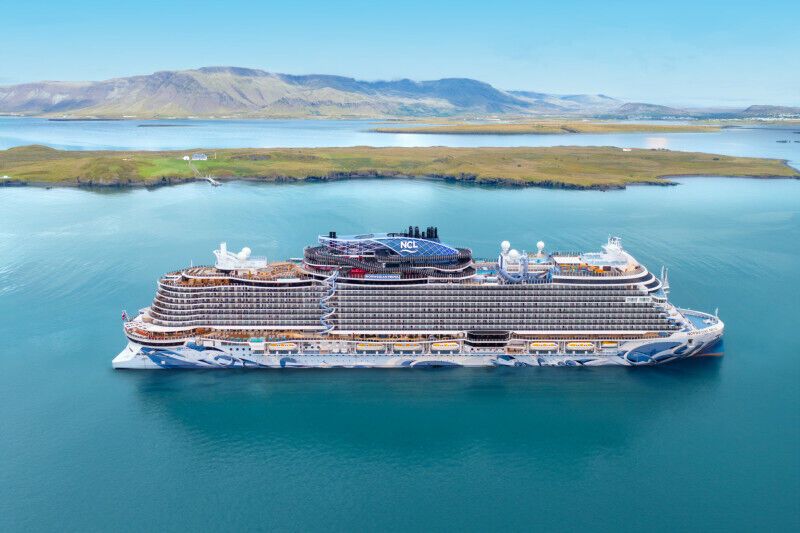 Norwegian Prima cruise ship sailing near Reykjavik, Iceland