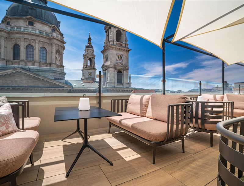 Rooftop terrace view of St. Stephen’s Basilica in Budapest