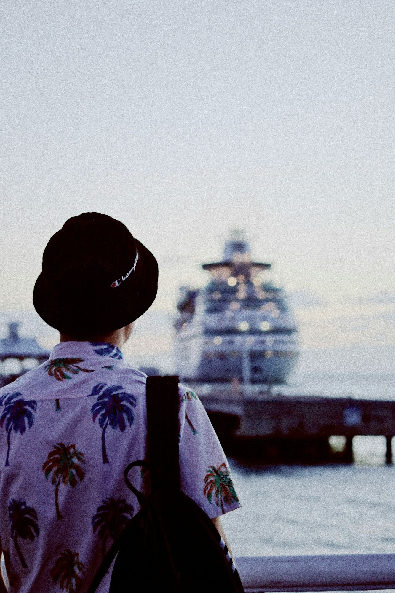 Traveler looking at a cruise ship docked