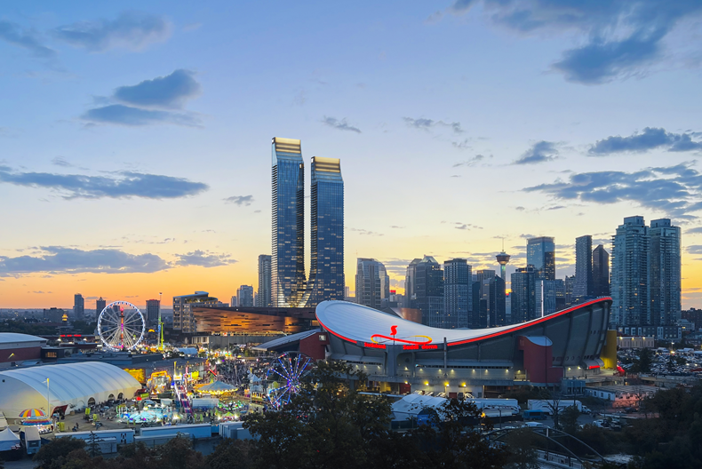 View of Calgary’s Stampede Park at sunset