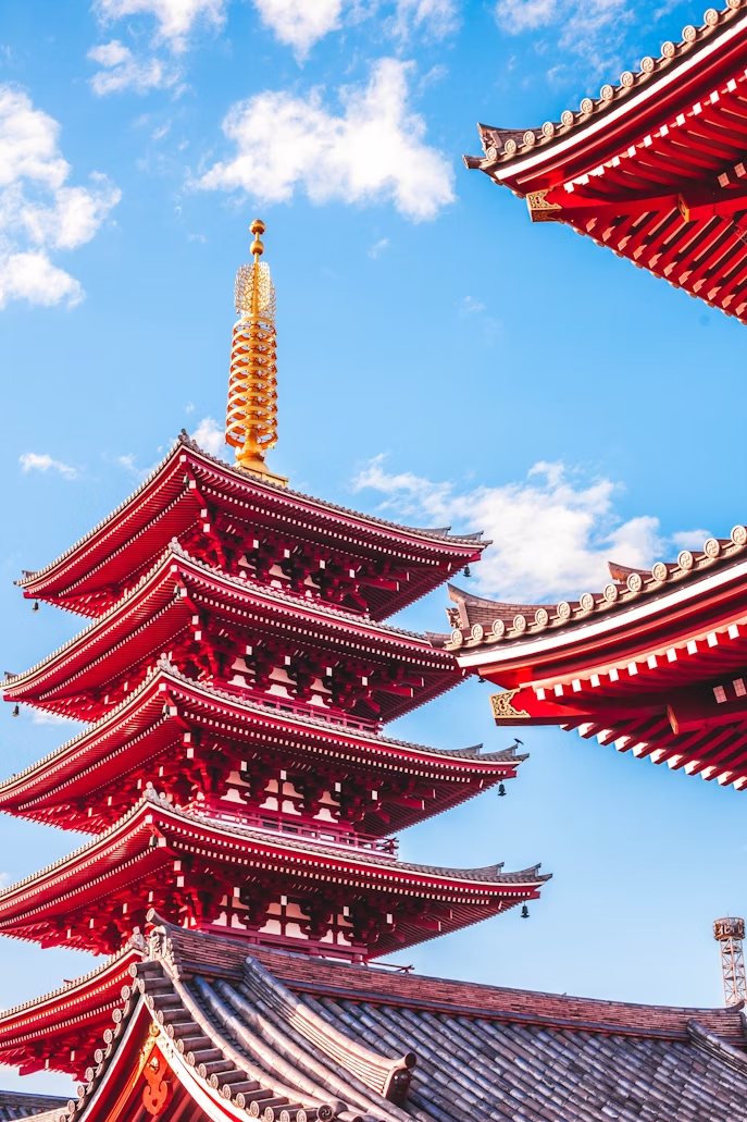 Sensoji Temple pagoda in Tokyo, Japan, under a clear blue sky