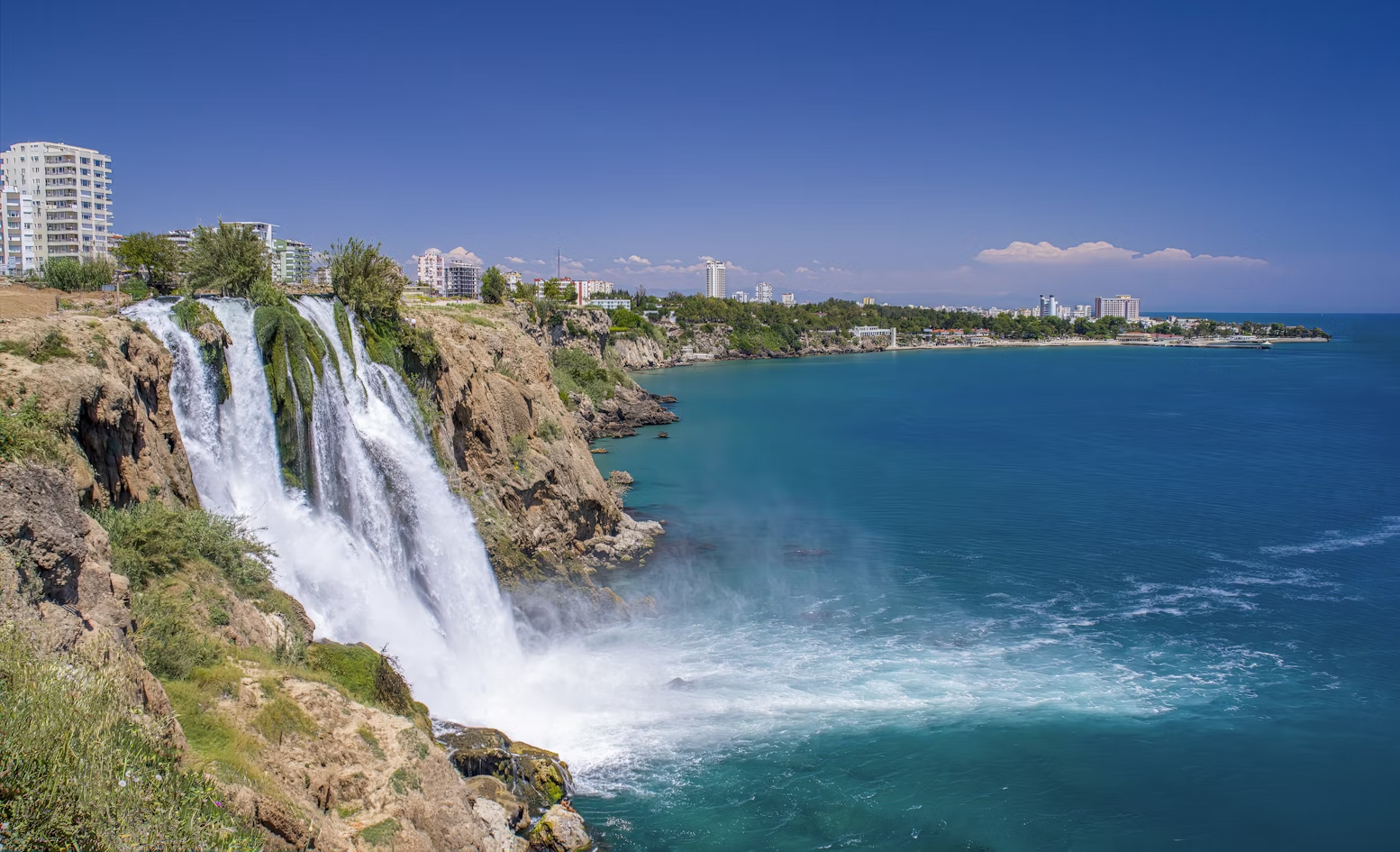 Düden Waterfalls flowing into the Mediterranean Sea in Antalya