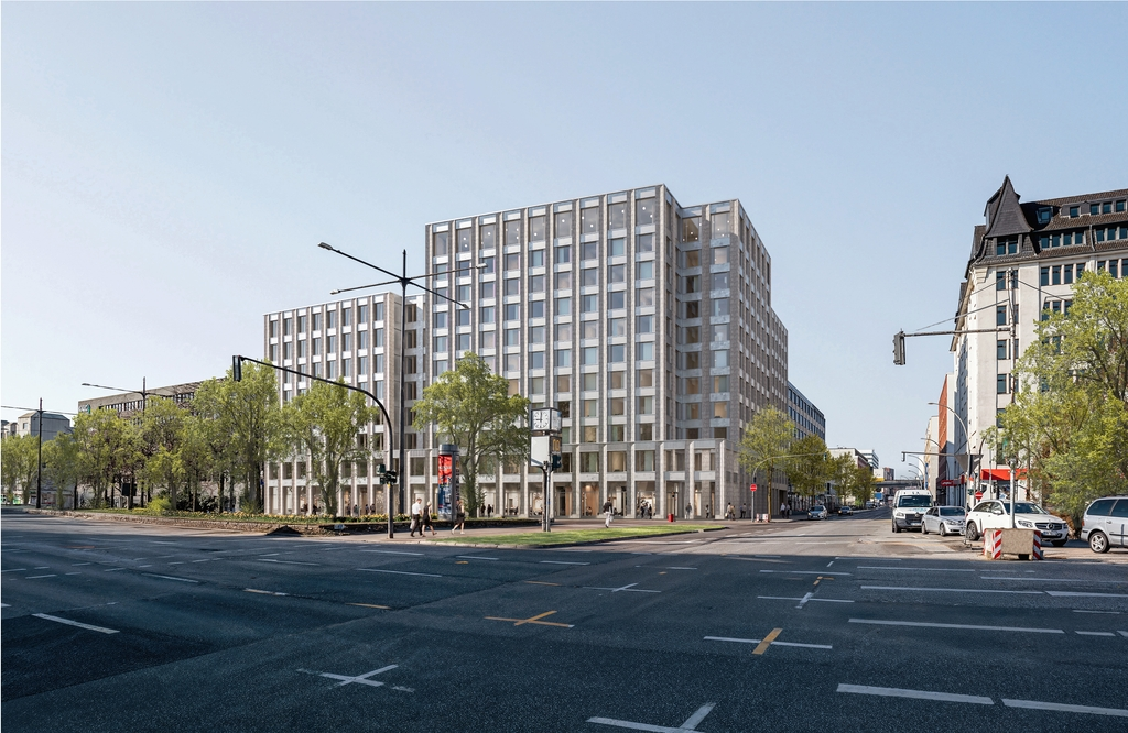 Modern hotel building near Berliner Tor in Hamburg under clear sky