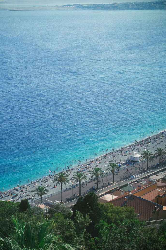 Aerial view of the Promenade des Anglais along the Mediterranean coast in Nice