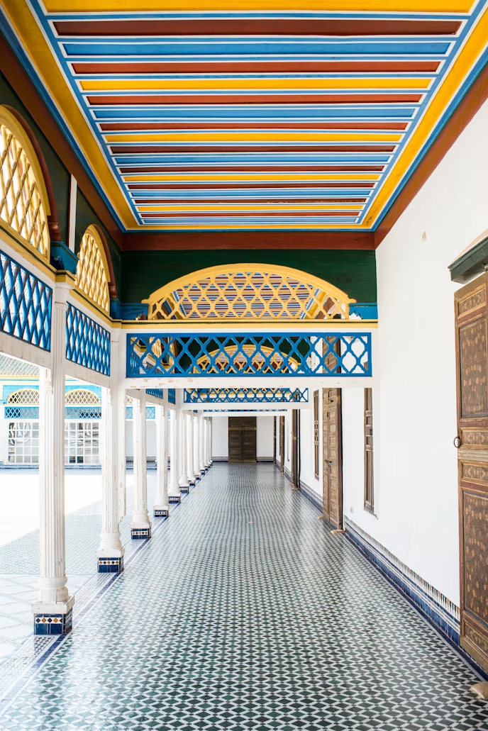 Colorful corridor with patterned tiles in Bahia Palace, Marrakech