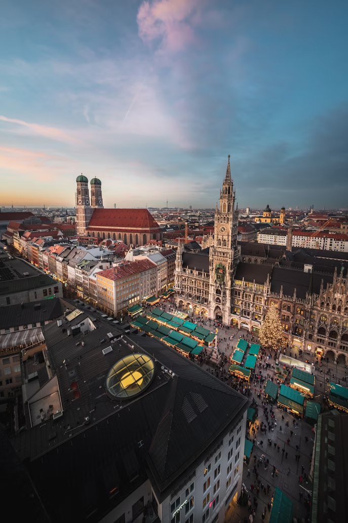 Munich Christmas Market at Marienplatz during sunset
