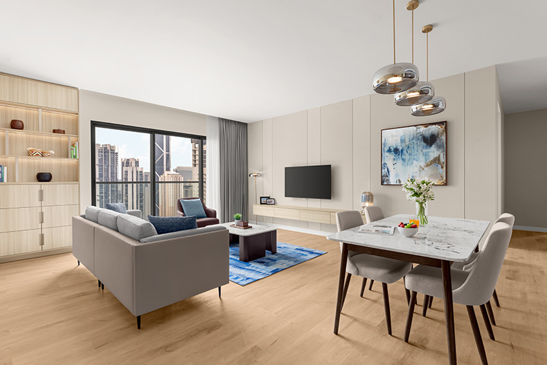 Modern serviced apartment living room with city view in Kuala Lumpur
