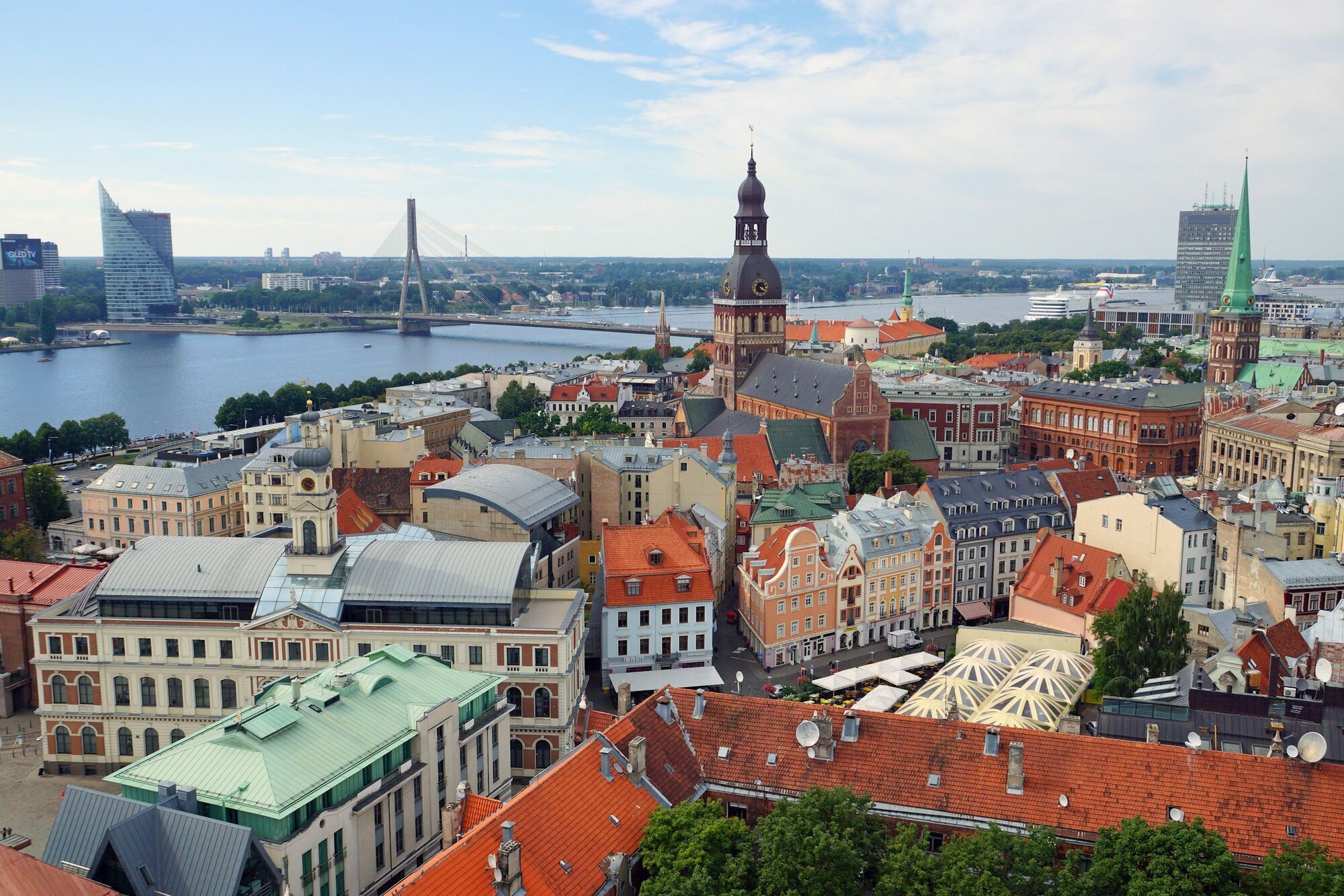 Aerial view of Riga’s Old Town with the Daugava River and bridges in the background