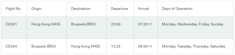 Flight schedule table showing Cathay Pacific flights between Hong Kong and Brussels with departure and arrival times