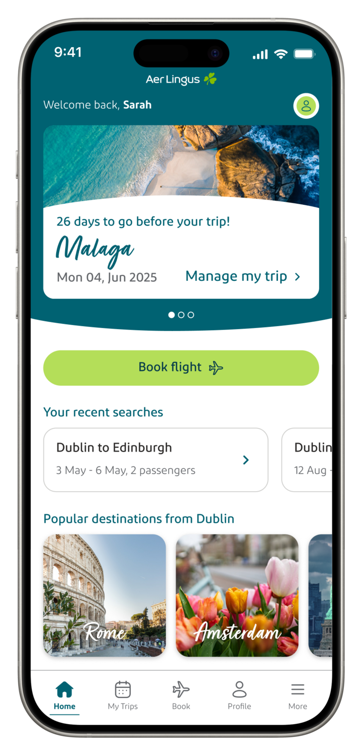 Aer Lingus mobile app home screen showing trip management and flight search features