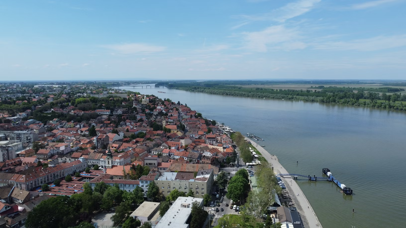 Aerial view of Zemun district and the Danube River in Belgrade