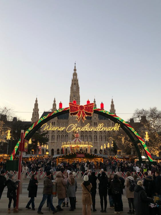 Vienna Christmas market at Rathausplatz with festive lights