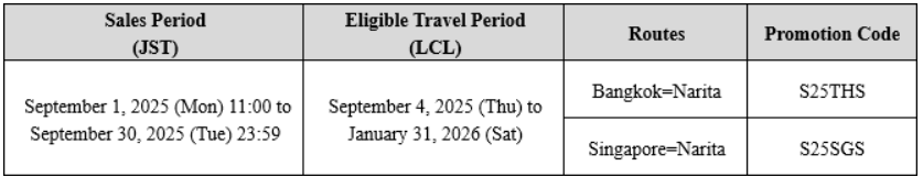AirJapan September fare schedule for Bangkok and Singapore flights