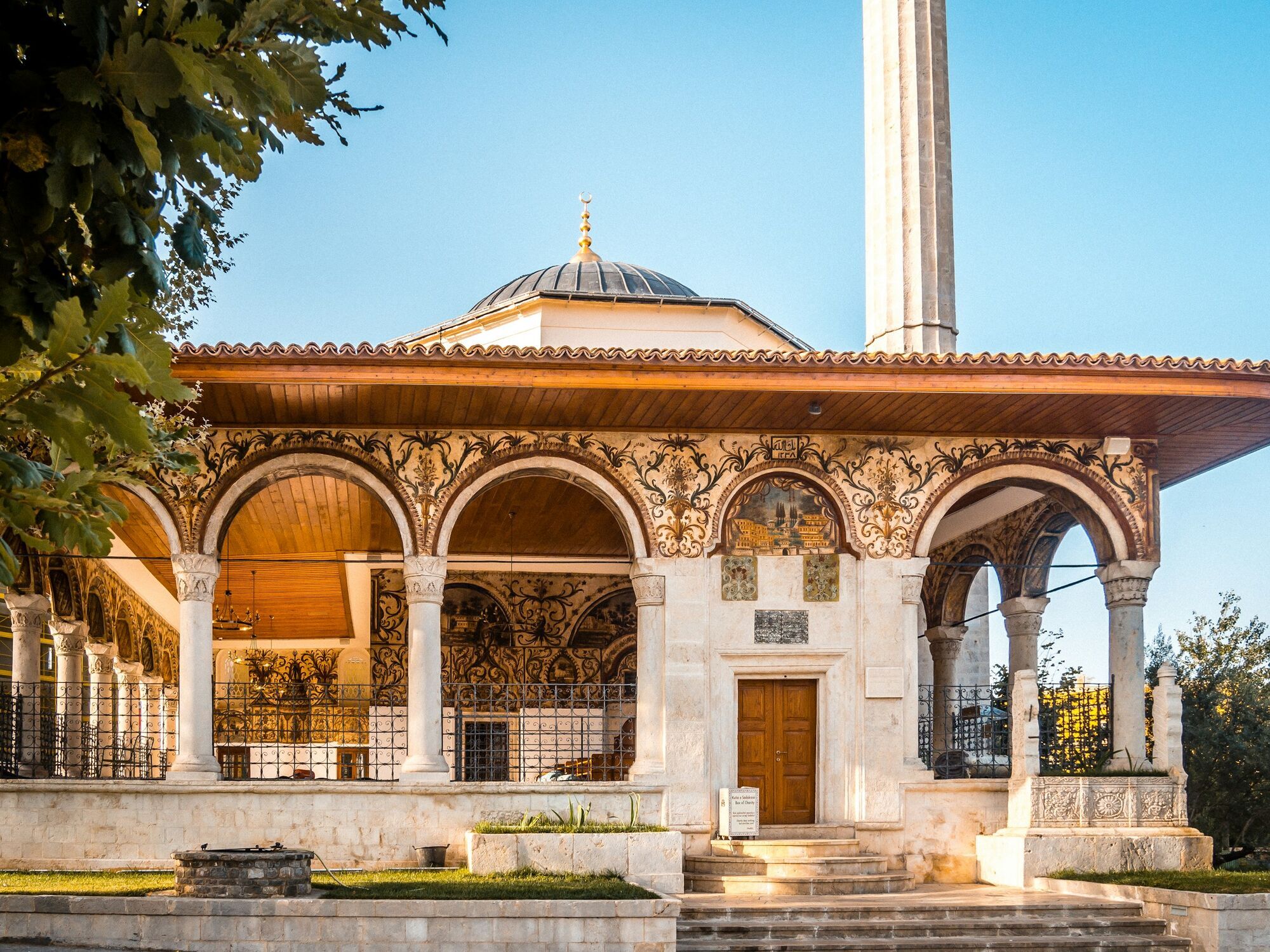 Historic mosque with ornate arches in Tirana