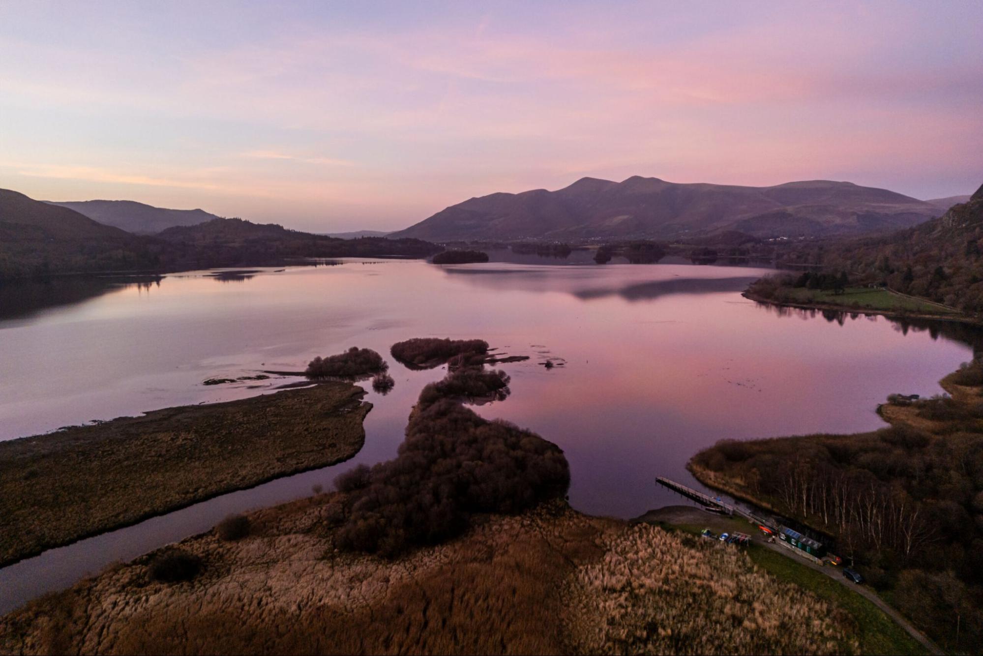 Derwentwater lake with winter sunset