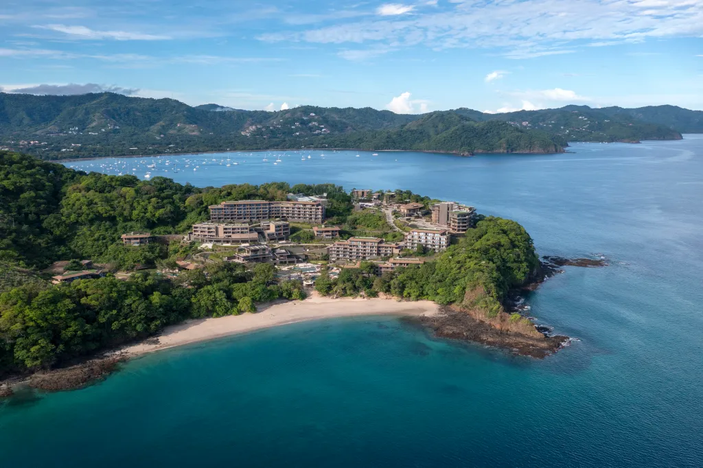 Waldorf Astoria Costa Rica Punta Cacique resort from above, showing coastline and surrounding landscape