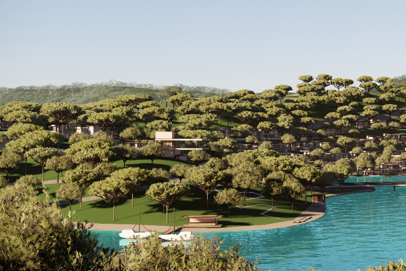 Rendering of a coastal resort surrounded by trees in Bodrum