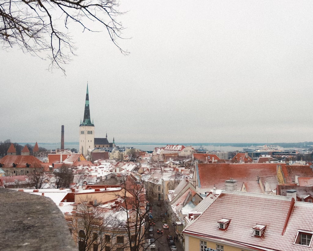 Snow-covered rooftops in Tallinn Old Town