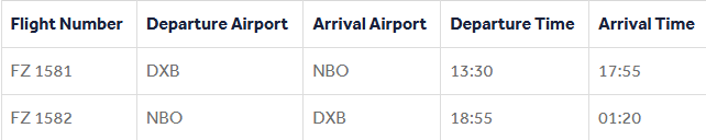 Flydubai Nairobi flight schedule table