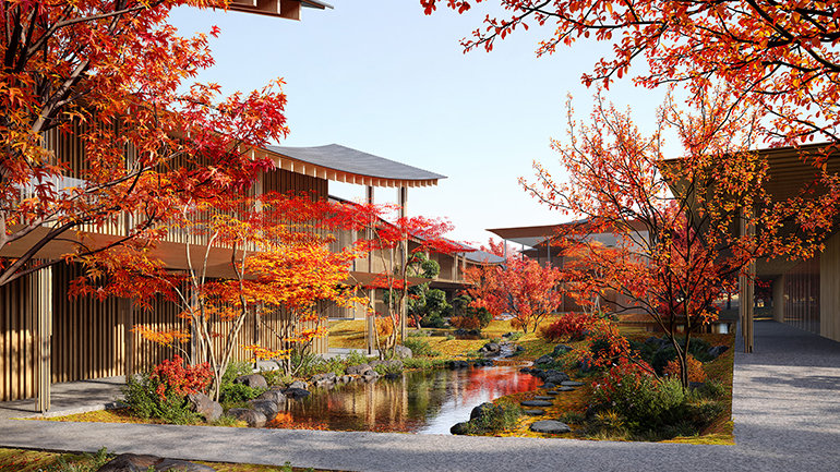 Rendering of Regent Karuizawa surrounded by autumn foliage and water features