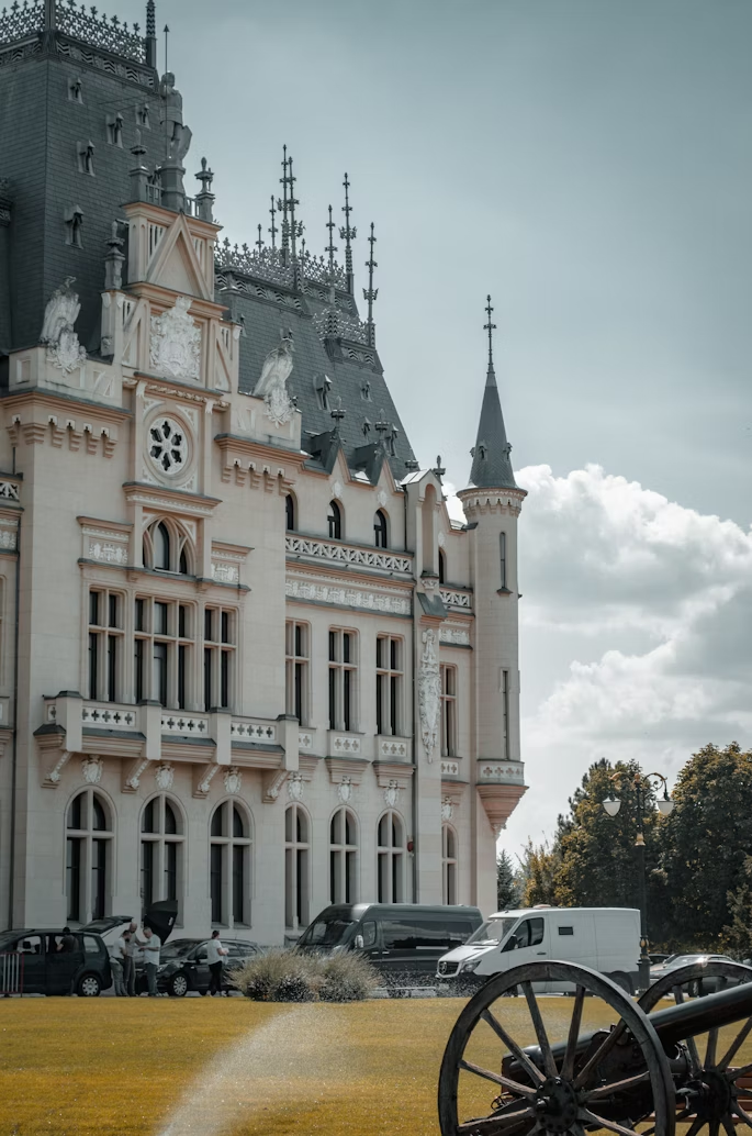 Historic palace building in Iași, Romania with gothic architecture