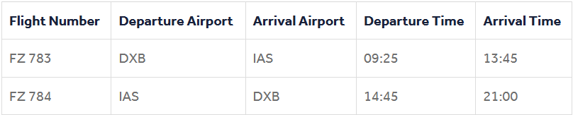 Flight schedule showing flydubai routes between Dubai and Iași with departure and arrival times