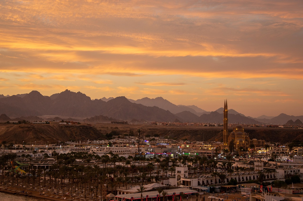 Sunset view over Sharm El-Sheikh with mountains and mosque