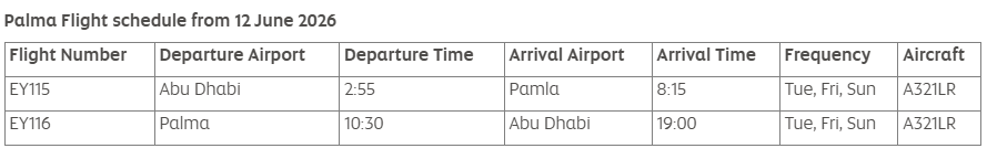 Etihad Airways flight schedule between Abu Dhabi and Palma