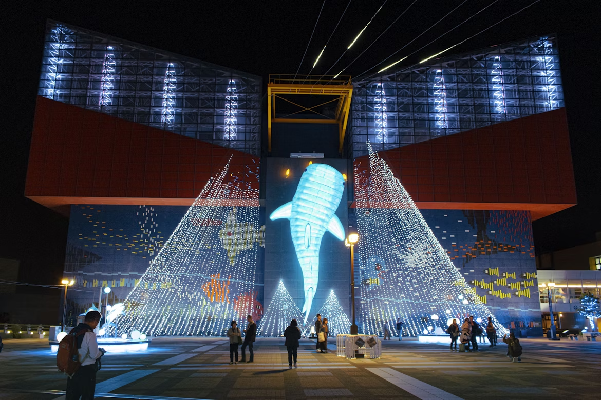 Illuminated whale display at Osaka Aquarium