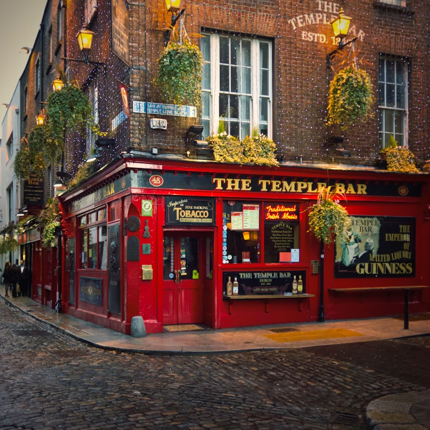 Iconic red exterior of The Temple Bar pub in Dublin