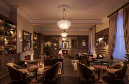 Cozy lounge area with warm lighting and stylish seating