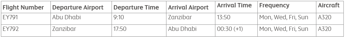 Flight schedule showing Abu Dhabi-Zanzibar route details