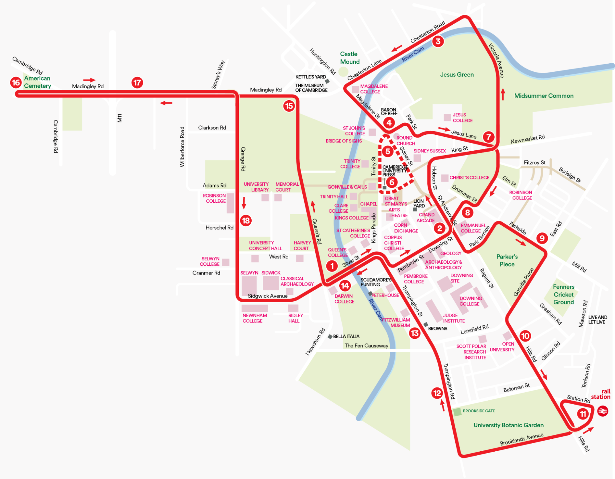 Map showing Cambridge hop-on hop-off sightseeing bus route with major city attractions marked