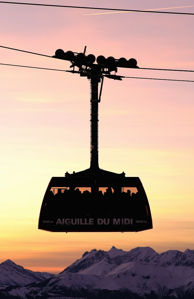 Aiguille du Midi cable car in the French Alps at sunset