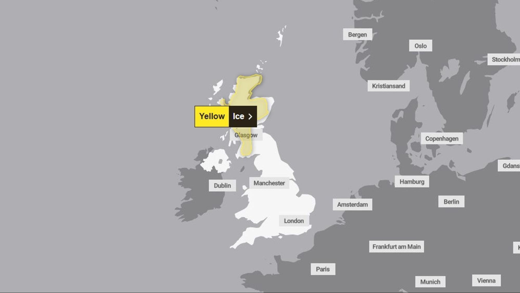 UK Met Office map showing yellow ice warning