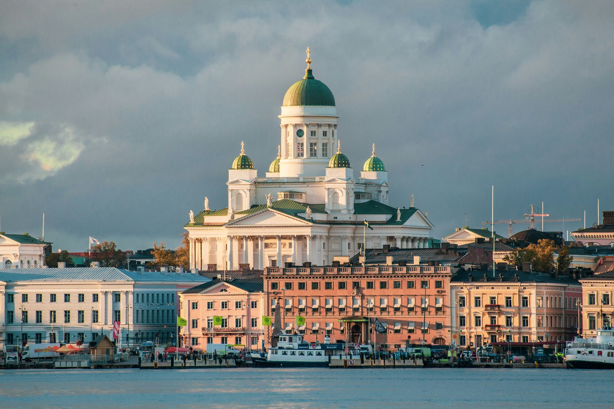 Helsinki Cathedral overlooking the harbour at sunset.