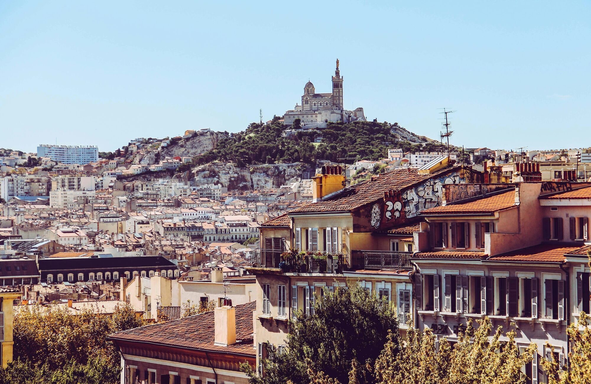 Marseille skyline with Notre-Dame de la Garde hilltop basilica