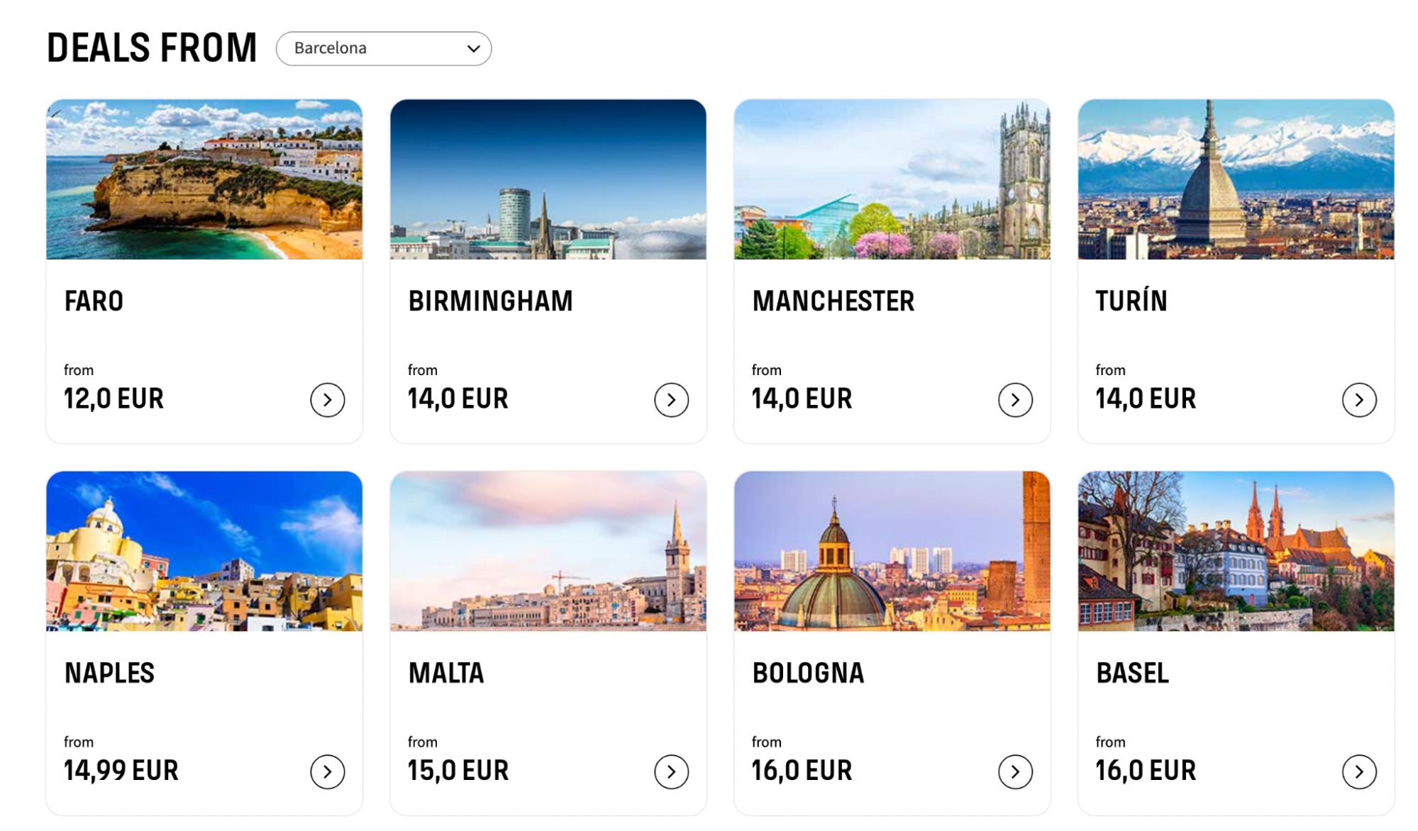 Flight deals grid showing European destinations from Barcelona with promotional prices
