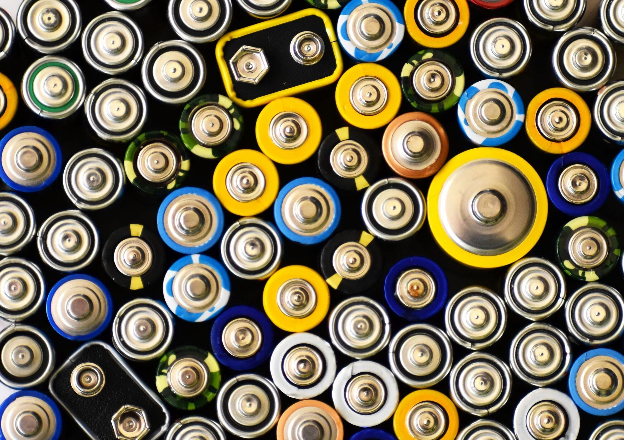 Assorted lithium batteries arranged in a close-up pattern