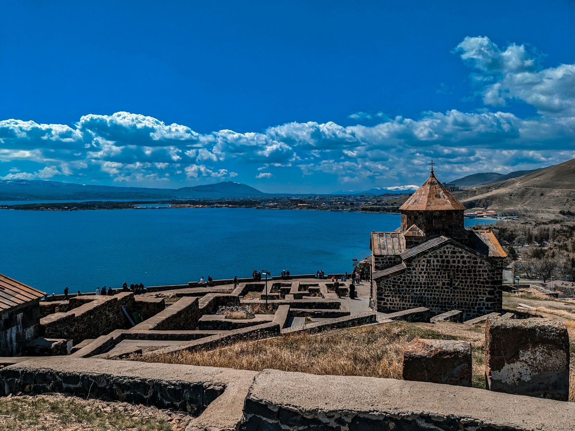 Panoramic view of Lake Sevan and Sevanavank Monastery